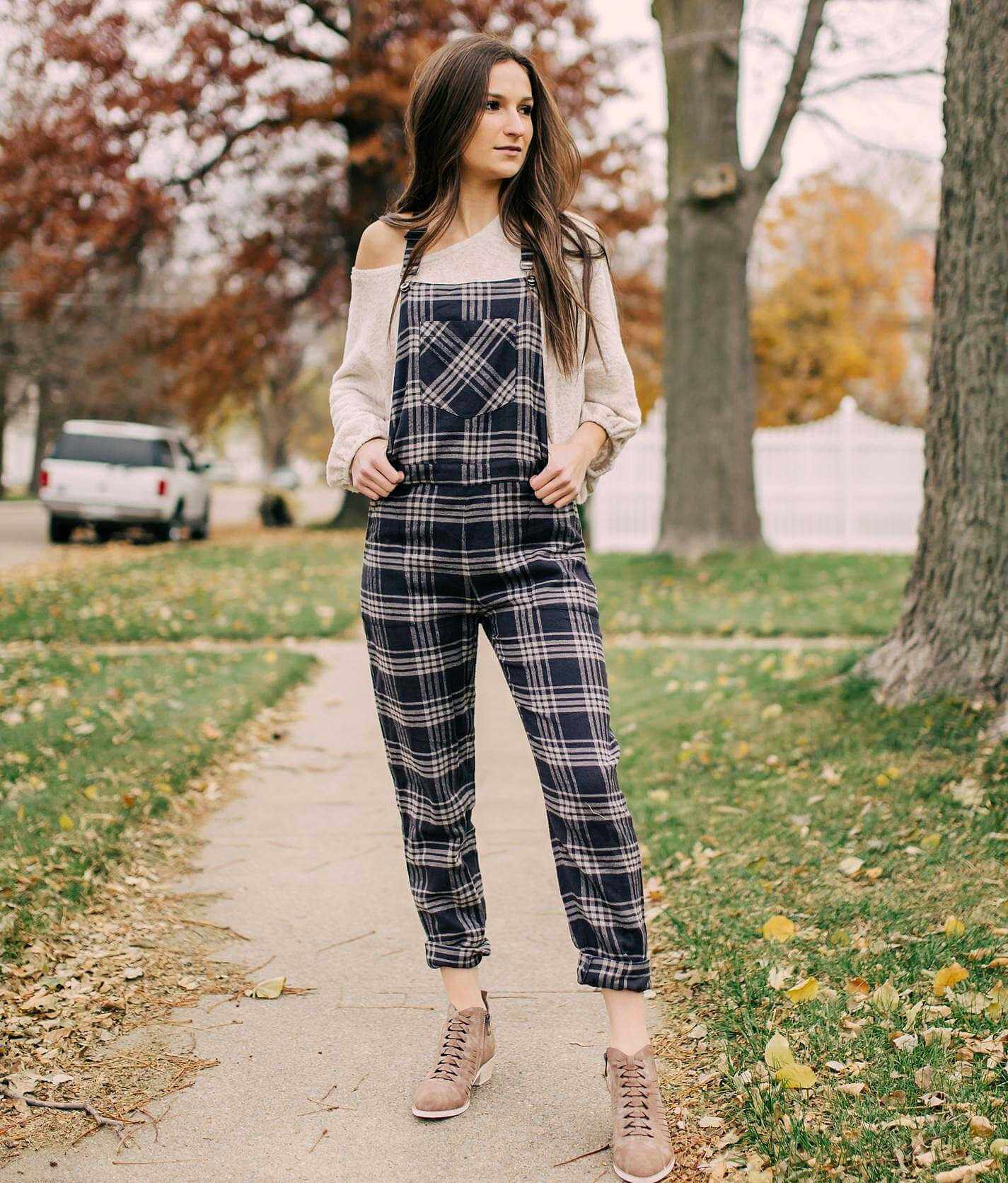 black plaid overalls