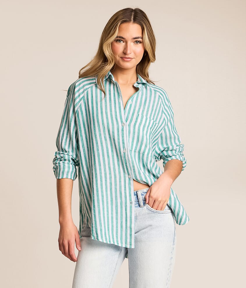 Z Supply Women's Linen The Perfect Line Blouse in La Palma/Green | Size: XL | Buckle