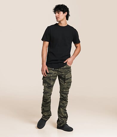 Caliber Camo Cargo Stacked Flare Stretch Jean front view